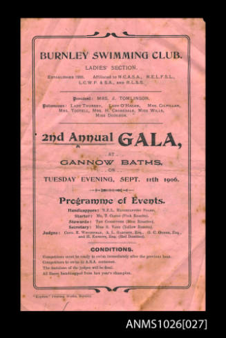Program from a Burnley Swimming Club Gala featuring Beatrice Kerr