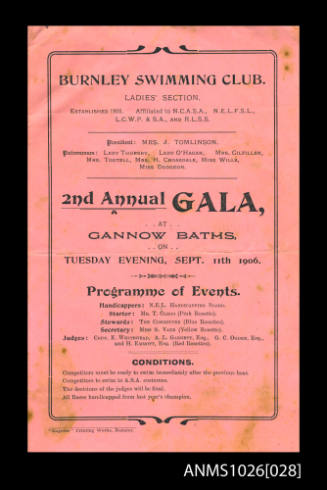 Program from a Burnley Swimming Club Gala featuring Beatrice Kerr