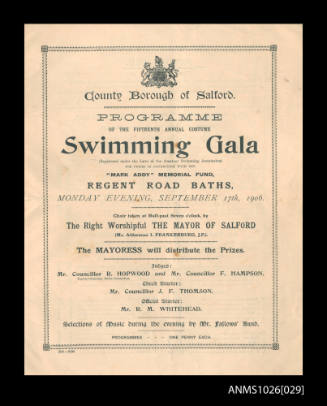 Program for a County Borough of Salford Swimming Gala featuring Beatrice Kerr