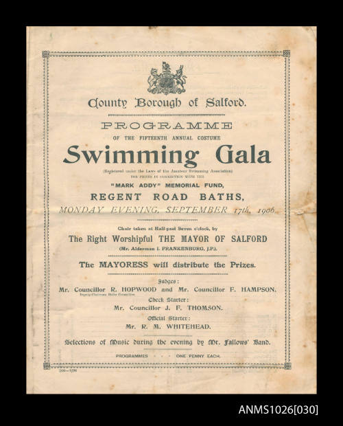 Program for a County Borough of Salford Swimming Gala featuring Beatrice Kerr