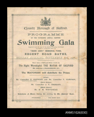 Program for a County Borough of Salford Swimming Gala featuring Beatrice Kerr