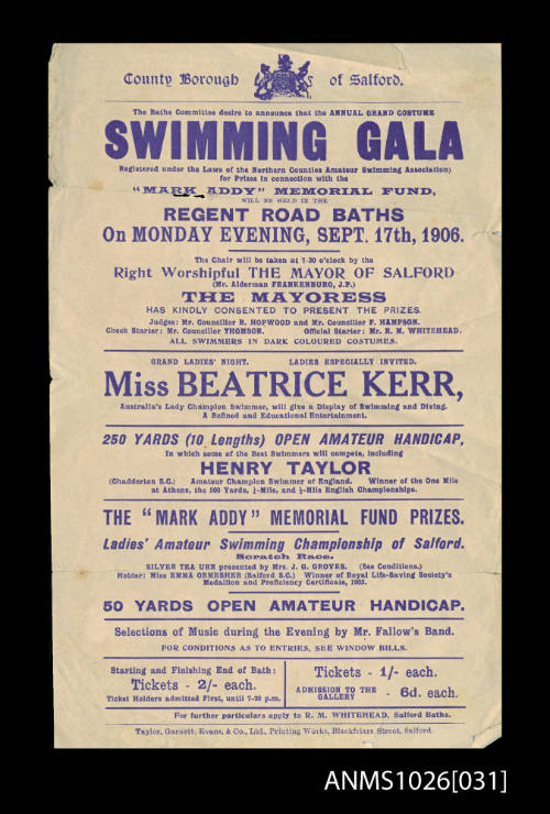 Program for a County Borough of Salford Swimming Gala featuring Beatrice Kerr