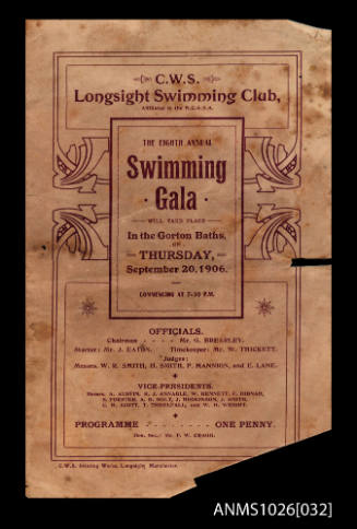 Program for a C W S Longsight Swimming Club Gala featuring Beatrice Kerr