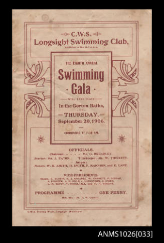 Program for a C W S Longsight Swimming Club Gala featuring Beatrice Kerr