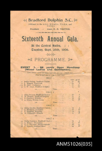 Program for a Bradford Dolphin S C Gala featuring Beatrice Kerr