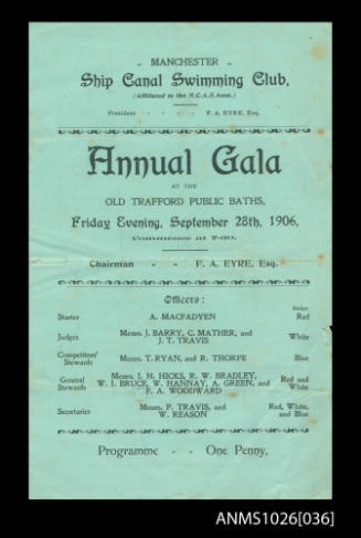 Program for a Manchester Ship Canal Swimming Club Gala featuring Beatrice Kerr