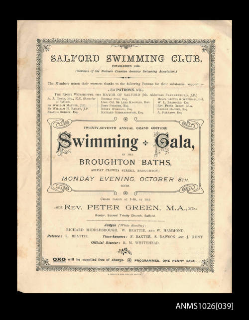 Program for a Salford Swimming Club Gala featuring Beatrice Aerr