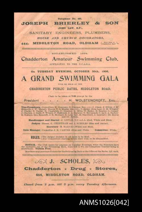 Program for a Chadderton Amateur Swimming Club Gala featuring Beatrice Kerr