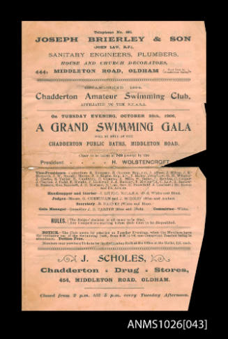 Program for a Chadderton Amateur Swimming Club Gala featuring Beatrice Kerr