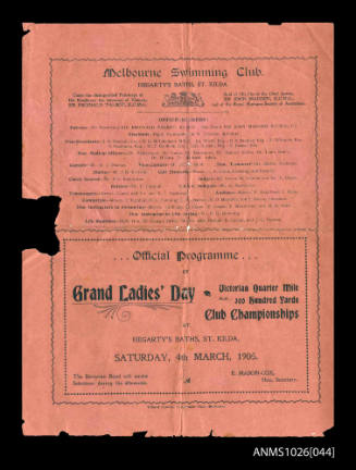 Program for Melbourne Swimming Club’s Grand Ladies' Day featuring Beatrice Kerr