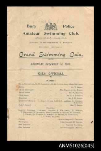 Program for a Bury Police Amateur Swimming Club Gala featuring Beatrice Kerr