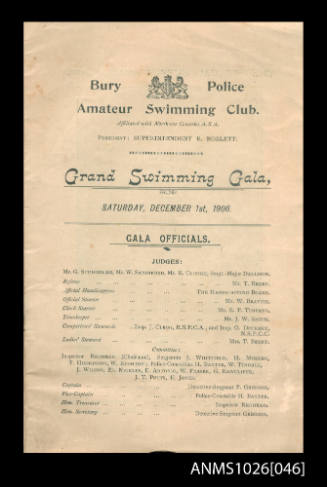 Program for a Bury Police Amateur Swimming Club Gala featuring Beatrice Kerr
