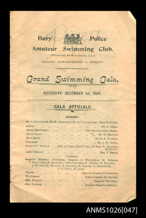 Program for a Bury Police Amateur Swimming Club Gala featuring Beatrice Kerr