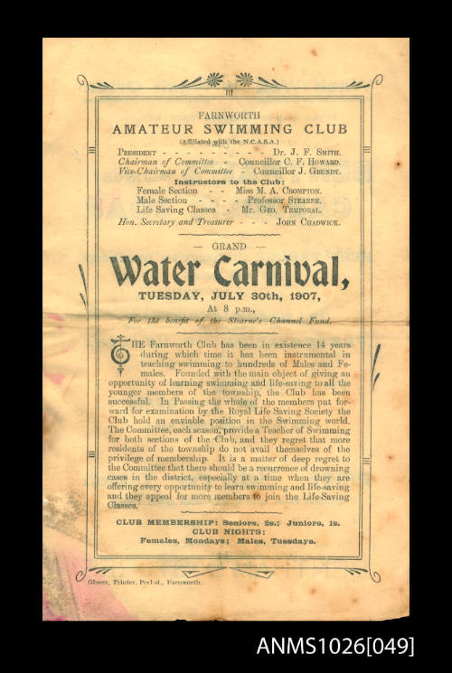 Program for a Farnworth Amateur Swimming Club Carnival featuring Beatrice Kerr