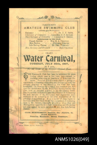 Program for a Farnworth Amateur Swimming Club Carnival featuring Beatrice Kerr