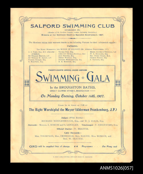 Program for a Salford Swimming Club Gala featuring Beatrice Kerr