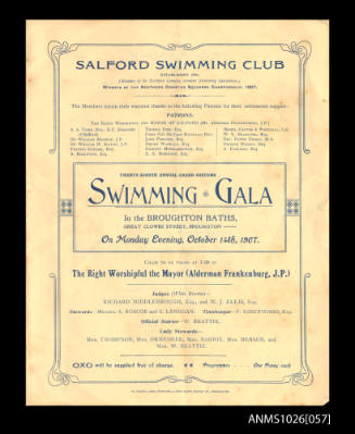 Program for a Salford Swimming Club Gala featuring Beatrice Kerr