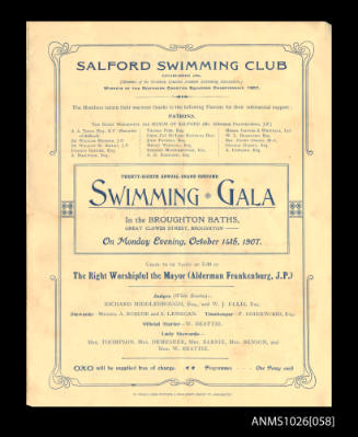 Program for a Salford Swimming Club Gala featuring Beatrice Kerr