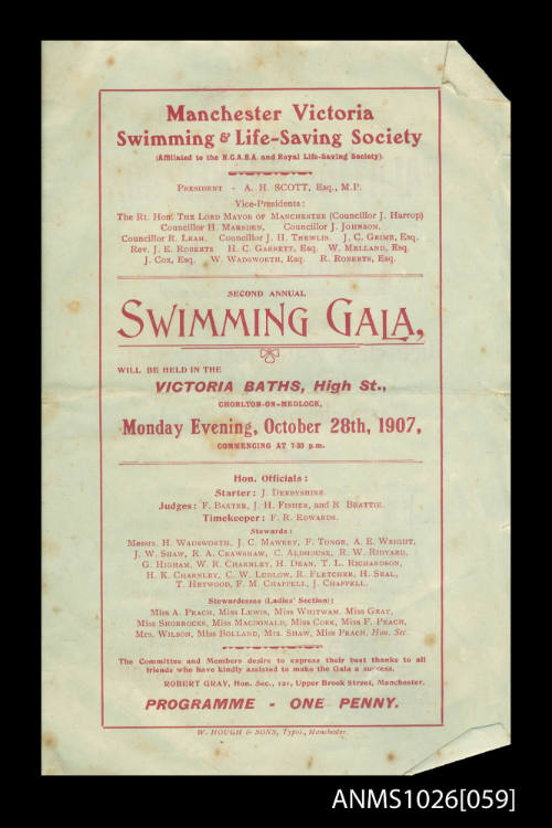 Program for the Manchester Victoria Swimming and Life-Saving Society, Second Annual Swimming Gala, 28 October 1907