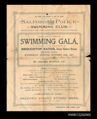 Program for Salford Police Swimming Club, Tenth Annual Costume Swimming Gala, 30 October 1907