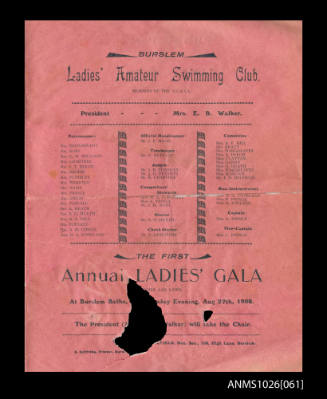 The First Annual Ladies' Gala, Burslem Baths, 27 August 1908