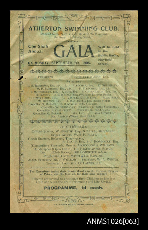 Program for an Atherton Swimming Club Gala featuring Beatrice Kerr