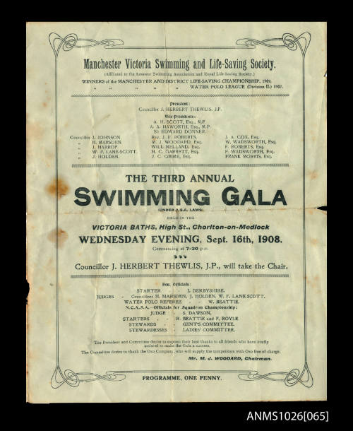 Program for a Manchester Victoria Swimming and Life-Saving Society Gala featuring Beatrice Kerr