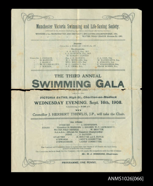 Program for a Manchester Victoria Swimming and Life-Saving Society Gala featuring Beatrice Kerr