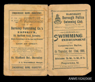 Program for a Barnsley Borough Police Swimming Club Gala featuring Beatrice Kerr