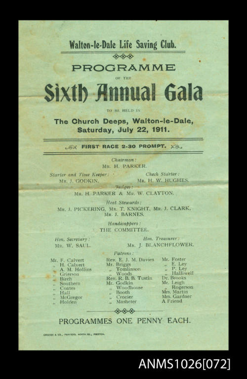 Program for a Walton-le-Dale Life Saving Club Gala featuring Beatrice Kerr