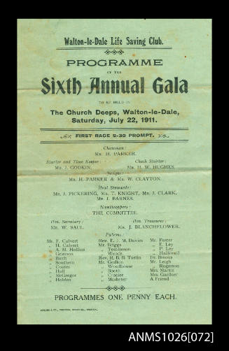 Program for a Walton-le-Dale Life Saving Club Gala featuring Beatrice Kerr