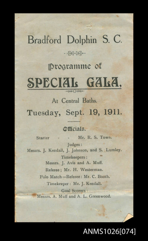 Program for a Bradford Dolphin SC Gala featuring Beatrice Kerr