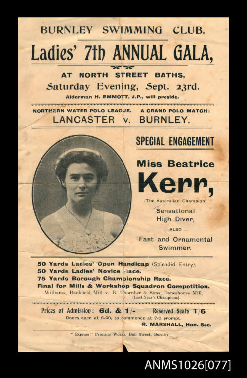 Program for a Burnley Swimming Club Gala featuring Beatrice Kerr
