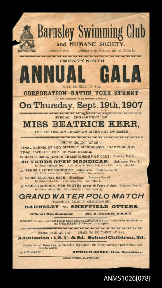 Program for a Barnsley Swimming Club and Humane Society Gala featuring Beatrice Kerr
