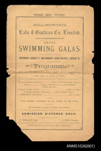 Programs and handbills advertising swimming and diving displays by Beatrice Kerr