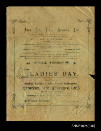 Program for an Albert Park Ladies Swimming Club Ladies' Day featuring Beatrice Kerr