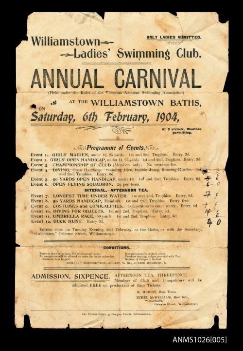 Program for Williamstown Ladies' Swimming Club, Annual Carnival at the Williamstown Baths, 6 February 1904