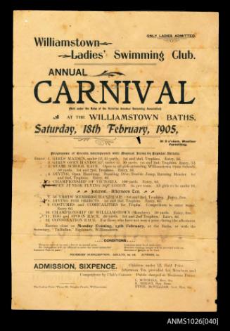 Program for Williamstown Ladies' Swimming Club Annual Carnival