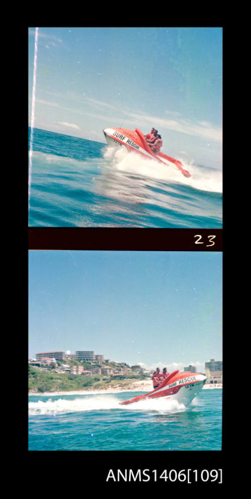 Transparency depicting three men aboard a Surf Rescue motor boat