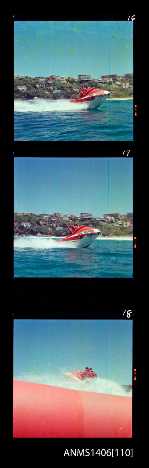 Transparency depicting three peple aboard a Surf Rescue motor boat