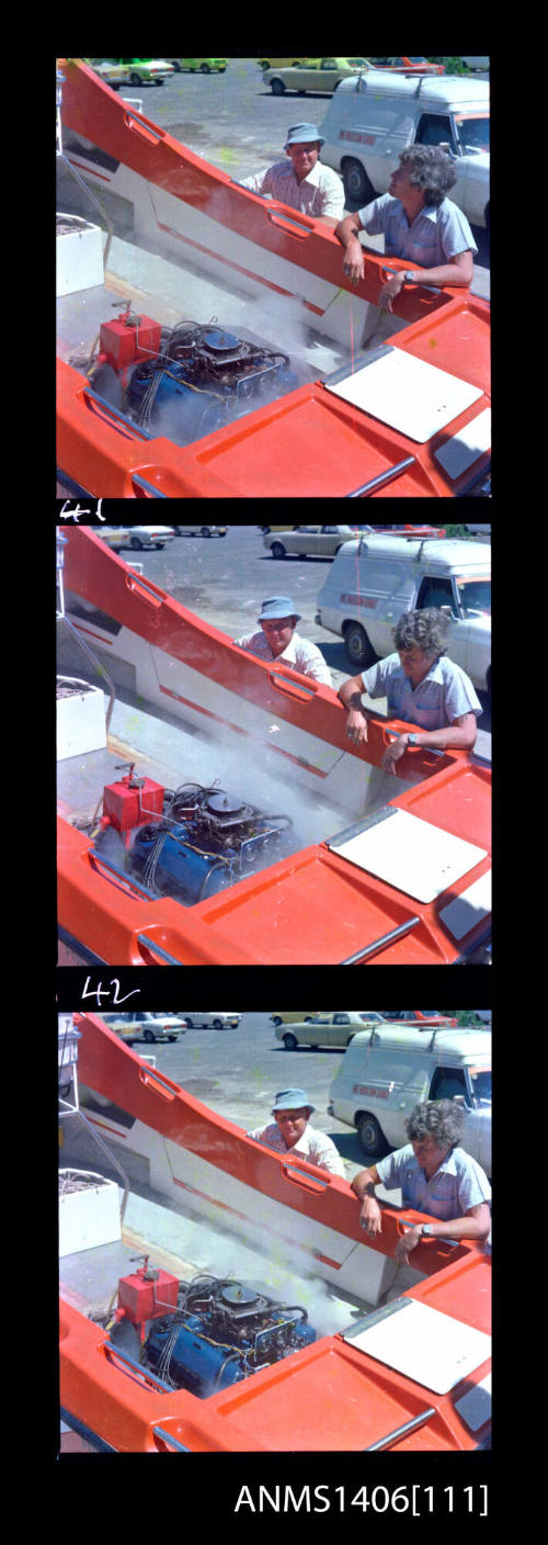 Transparency depicting the smoking engine of a motor boat