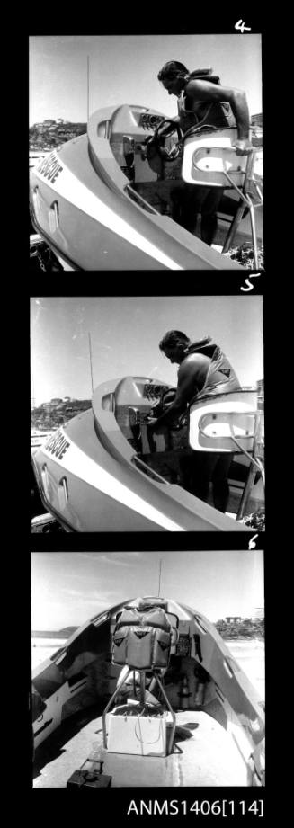 Negative depicting a man aboard a Surf Rescue motor boat