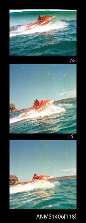 Transparency depicting three peple aboard a Surf Rescue motor boat