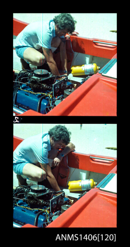 Transparency depicting a man fixing an engine