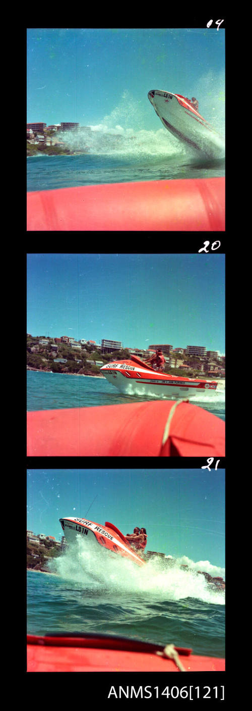 Transparency depicting three people aboard a Surf Rescue motor boat