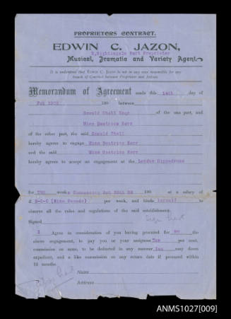Proprietors contract between agent Edwin C Jazon and Beatrice Kerr