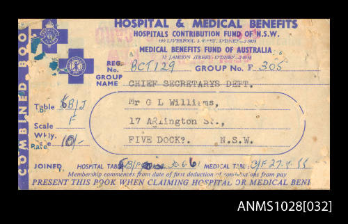 Medical benefits card address to Mr G L Williams