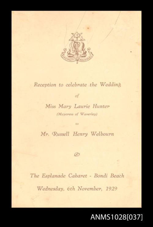 Card for the wedding reception of Miss Mary Laurie Hunter and Mr Russell Henry Welbourn