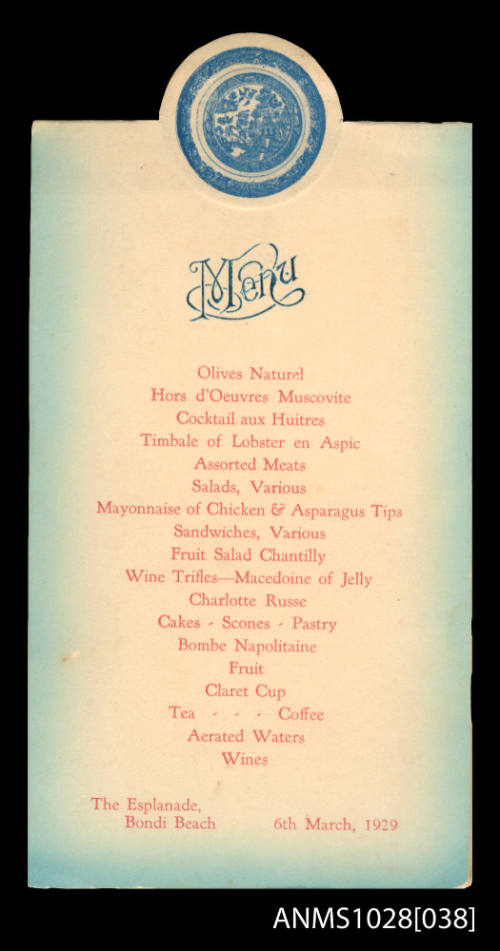 Menu card from the Esplanade Bondi Beach