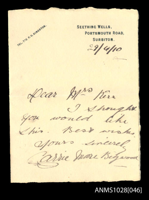 Handwritten letter to Miss Beatrice Kerr